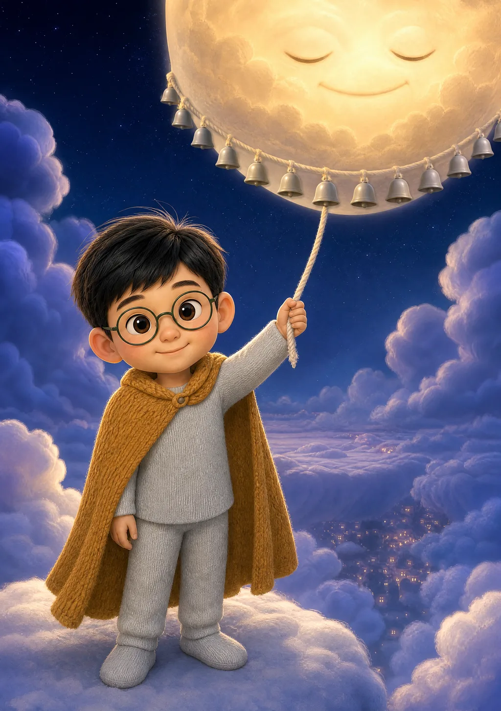 A child on the cloud-tops with Nimbus the cloud-fox and Twinkle the star-sprite under a wide awake sky