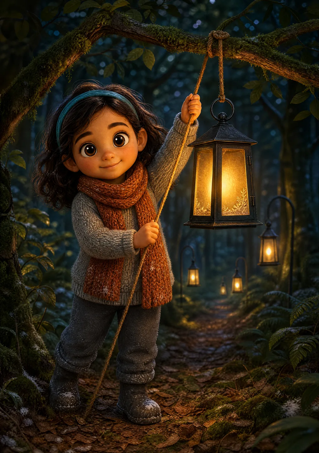 A child and Pip the firefly at the edge of a twilight forest